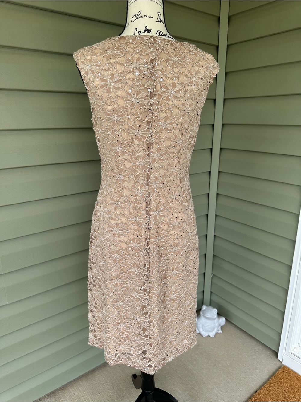 connected apparel Taupe Lace sparkly Cowl Neck Sheath Dress size 10 stretchy - Picture 9 of 13